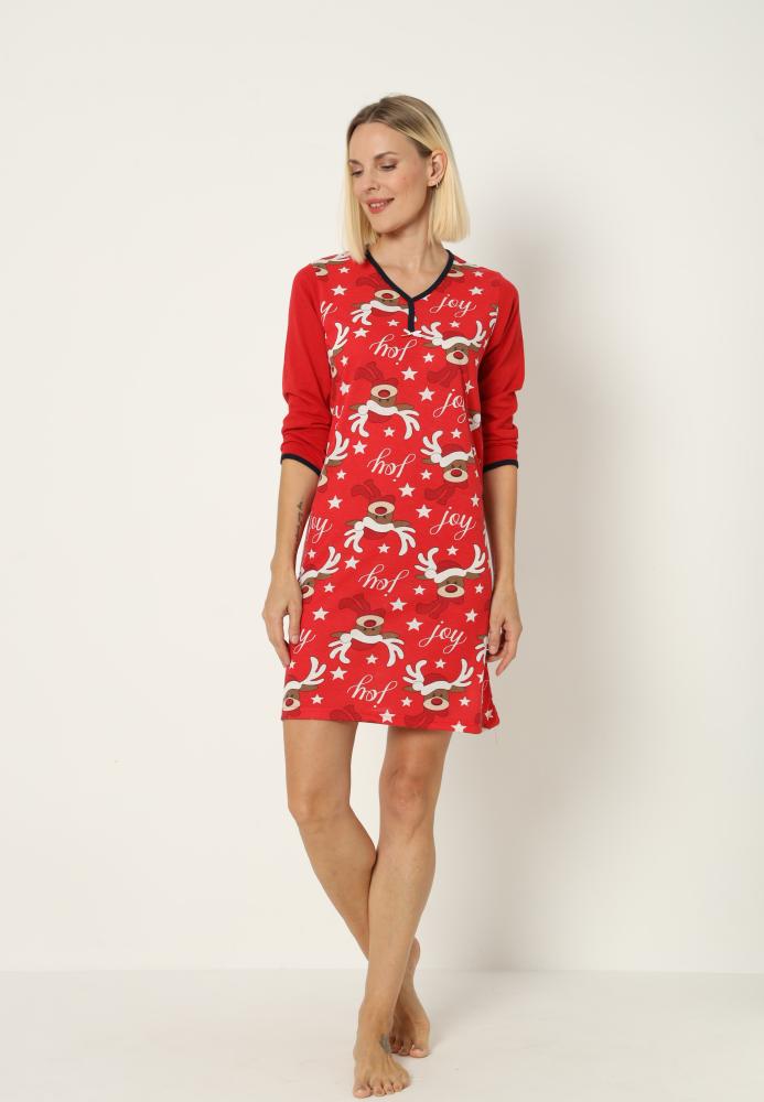 Camasa de noapte Craciun,imprimeu reni,culoare rosu ,En-gros